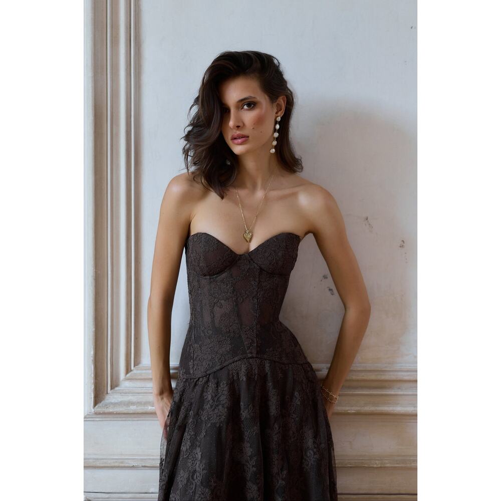 V. Chapman Chocolate Carolena Set Corset Skirt Chantilly Lace Sz 10 NWT